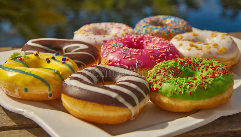 Colorful donuts. Assortiment of donuts with various colors and toppings. stock illustration