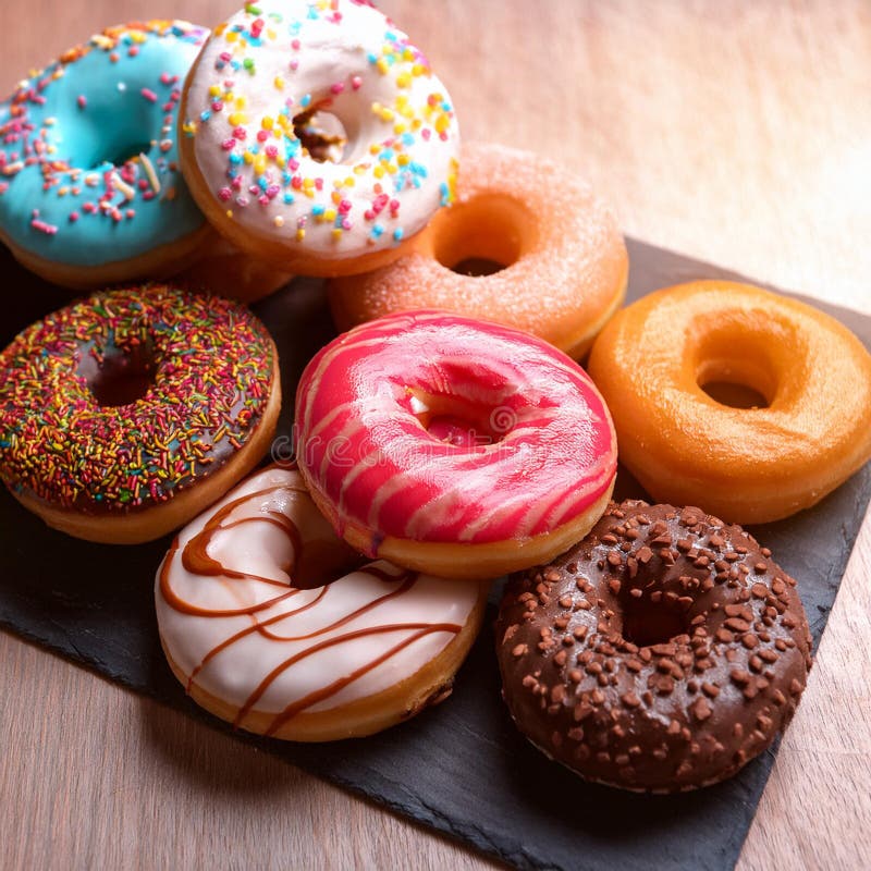 Colorful donuts. Assortiment of donuts with various colors and toppings. royalty free illustration