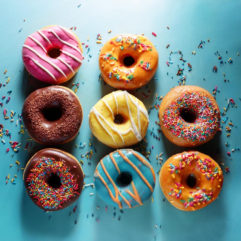 Colorful donuts. Assortiment of donuts with various colors and toppings. vector illustration