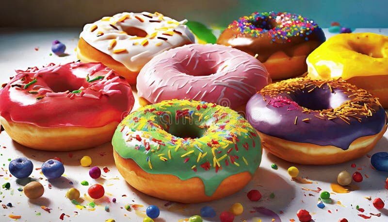 Colorful donuts. Assortiment of donuts with various colors and toppings. stock illustration