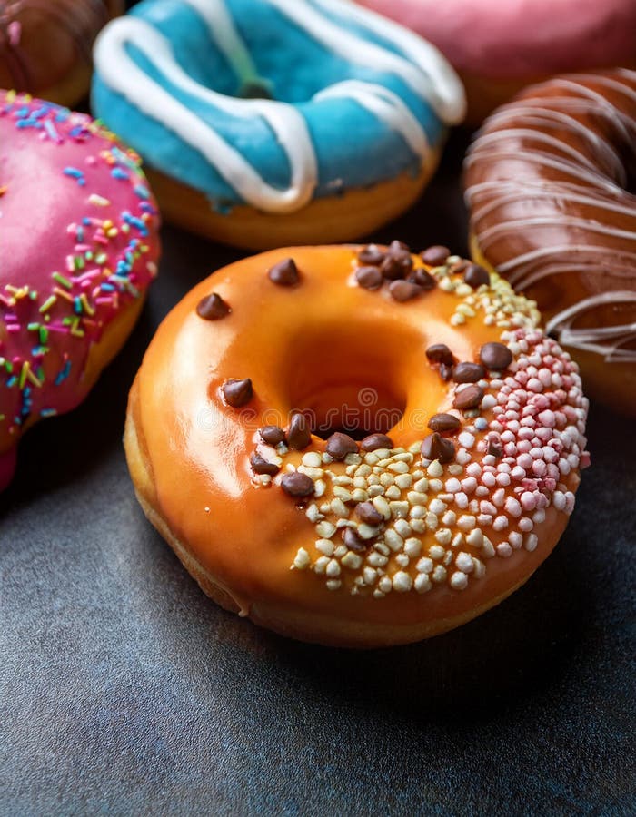 Colorful donuts. Assortiment of donuts with various colors and toppings. stock illustration