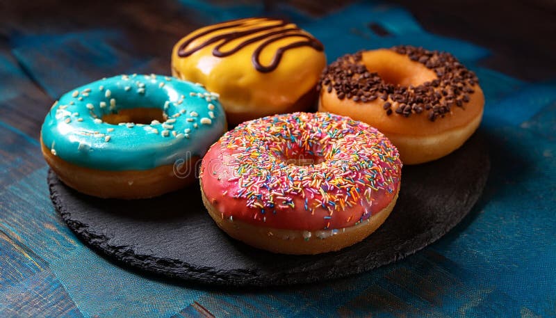 Colorful donuts. Assortiment of donuts with various colors and toppings. stock illustration