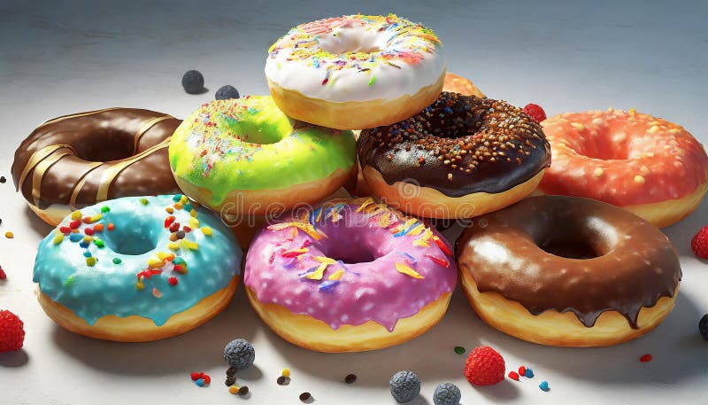 Colorful donuts. Assortiment of donuts with various colors and toppings. vector illustration