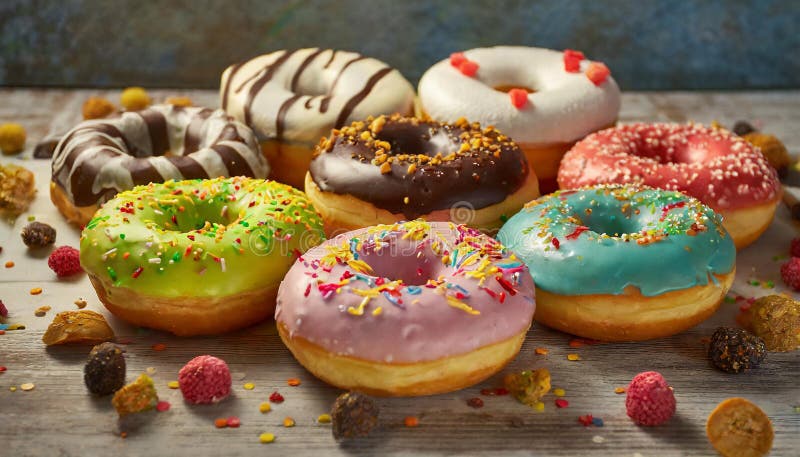 Colorful donuts. Assortiment of donuts with various colors and toppings. royalty free illustration