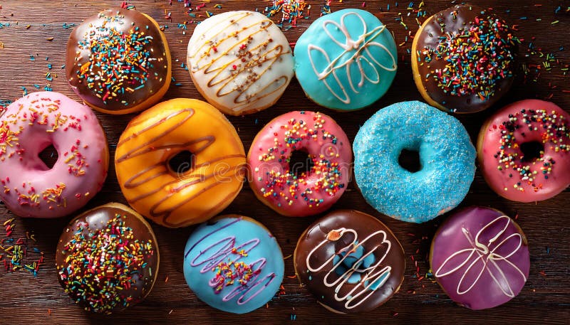 Colorful donuts. Assortiment of donuts with various colors and toppings. vector illustration