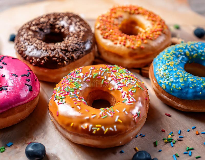 Colorful donuts. Assortiment of donuts with various colors and toppings. stock illustration