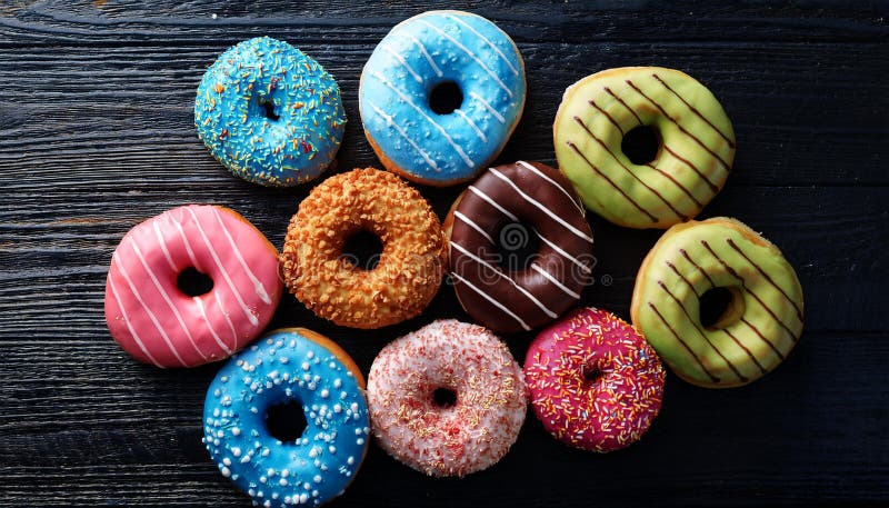Colorful donuts. Assortiment of donuts with various colors and toppings. vector illustration