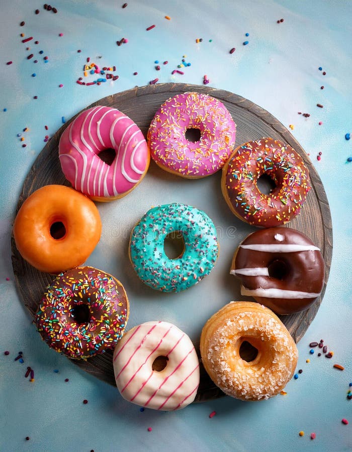 Colorful donuts. Assortiment of donuts with various colors and toppings. vector illustration