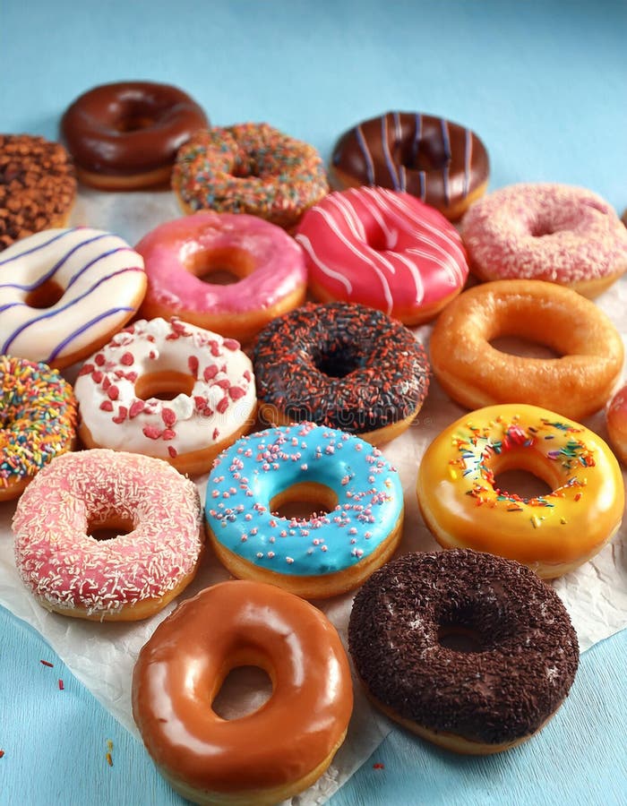 Colorful donuts. Assortiment of donuts with various colors and toppings. royalty free illustration