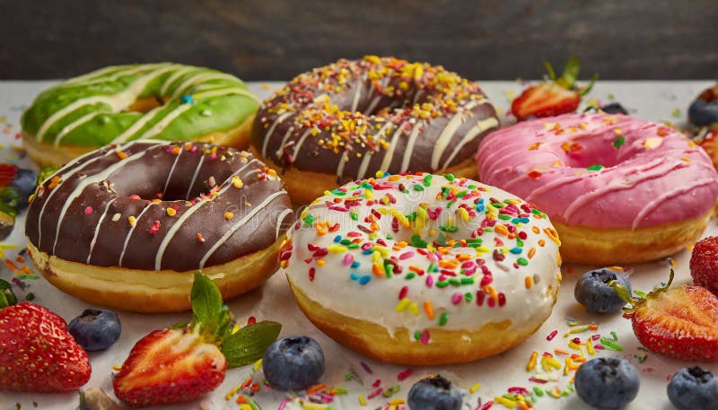 Colorful donuts. Assortiment of donuts with various colors and toppings. stock illustration