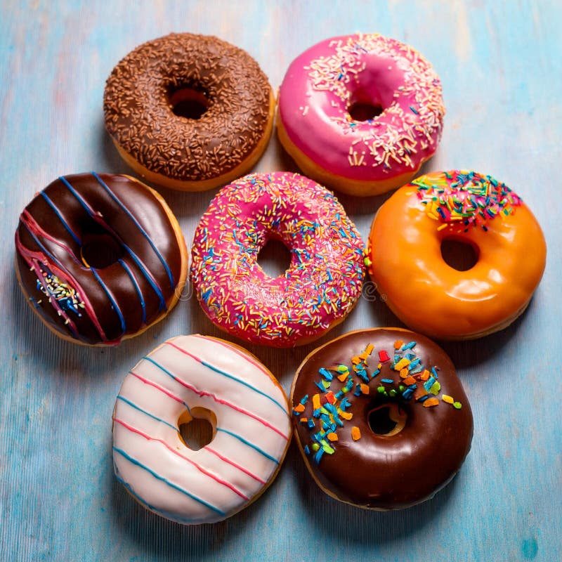 Colorful donuts. Assortiment of donuts with various colors and toppings. stock illustration