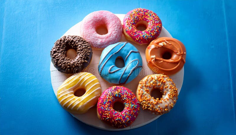 Colorful donuts. Assortiment of donuts with various colors and toppings. vector illustration