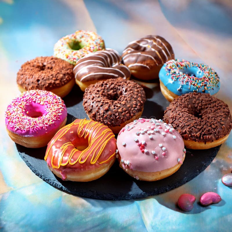 Colorful donuts. Assortiment of donuts with various colors and toppings. stock illustration