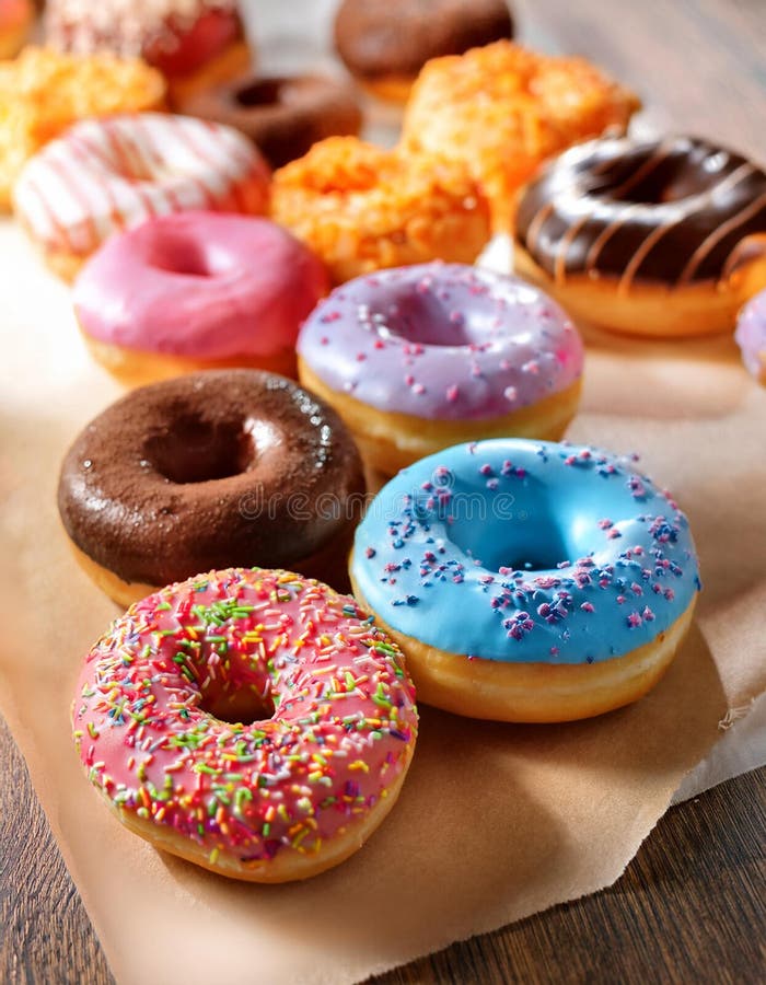 Colorful donuts. Assortiment of donuts with various colors and toppings. stock illustration