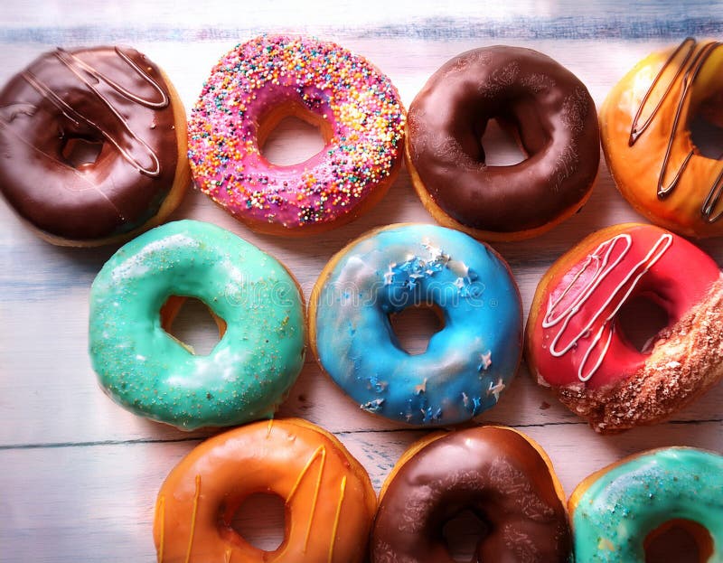 Colorful donuts. Assortiment of donuts with various colors and toppings. royalty free illustration