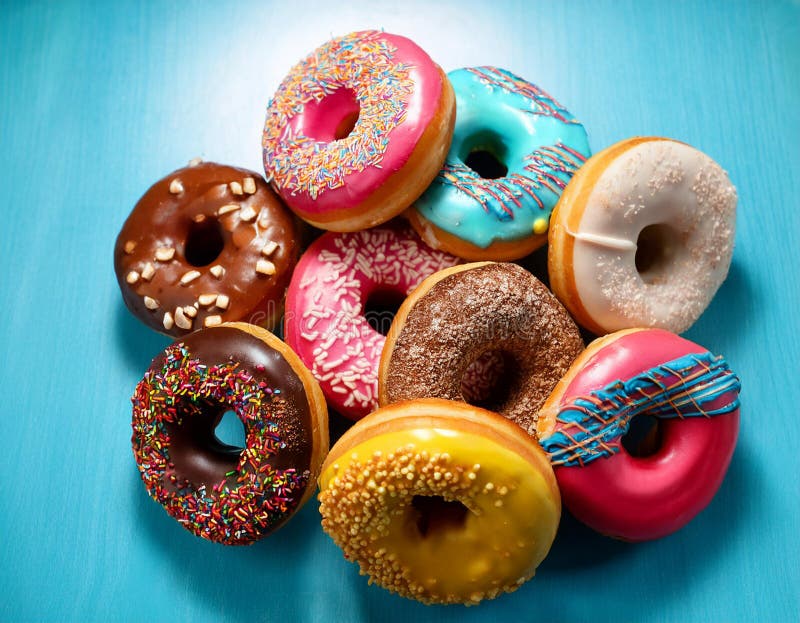 Colorful donuts. Assortiment of donuts with various colors and toppings. royalty free illustration