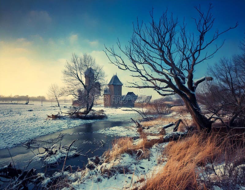 Idyllic view of the Dutch countryside in winter. Image. royalty free stock photos.