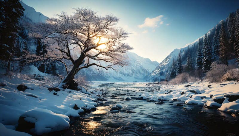 Idyllic view of a lone tree in mountain river valley at sunset. stock images.