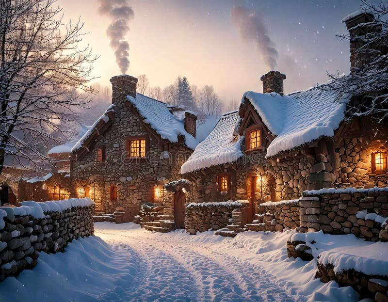 Idyllic view of a village street in winter. stock photo.