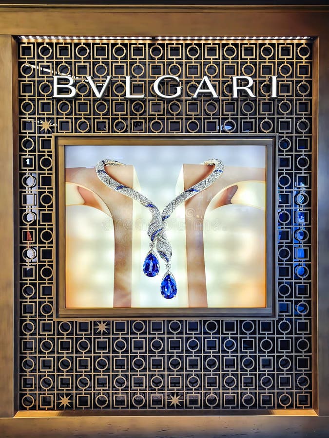 Bulgari boutique with perfume, jewelry, handbags and other accessories on display