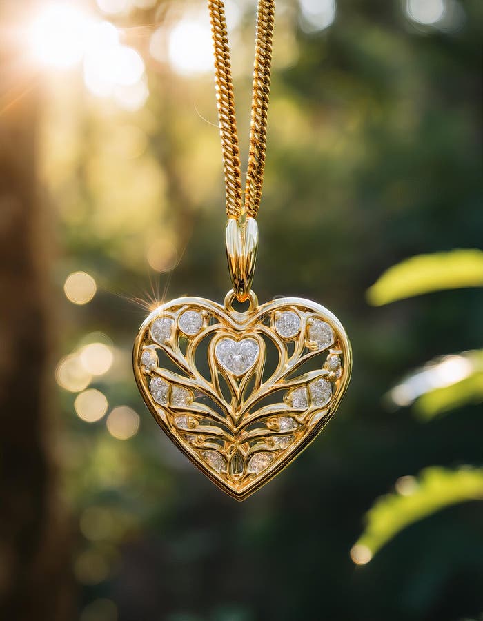 Heart shaped gold pendant hanging on a tree branch with bokeh background.