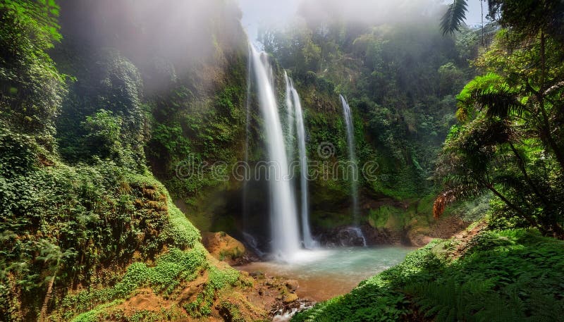 A powerful waterfall cascading down a rocky cliff, surrounded by lush tropical foliage. Mist rises from the water, creating a sense of freshness and movement in the dense jungle.