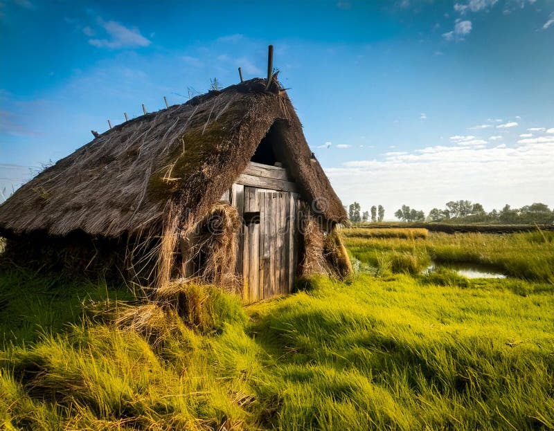 Idyllic view of a sod hut in a rural landscape. royalty free stock photos.