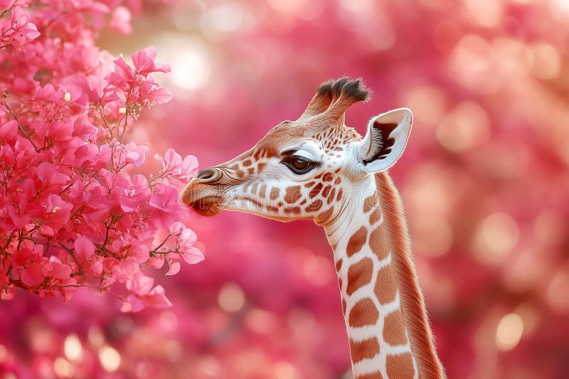 A curious baby giraffe stretching its neck to sniff pink bougainvillea flowers royalty free illustration
