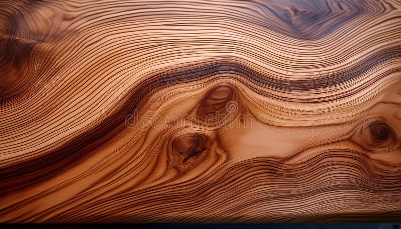 Intricate Wood Grain Texture. This stunning image showcases the rich, swirling patterns of wood grain, generated by AI for enhanced visual appeal. The detailed texture and warm tones make it perfect for various design applications, offering a natural and elegant aesthetic.