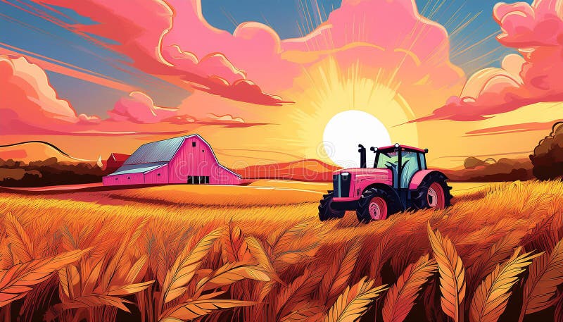 Vibrant sunset over a farm with a pink tractor in a golden wheat field, with the sky filled vector illustration