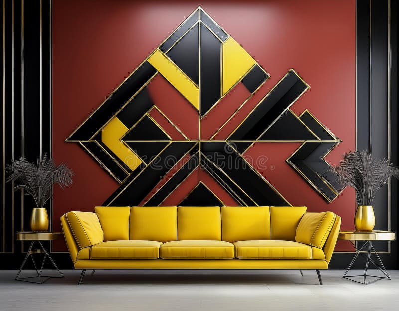 Art Deco Style Interior: Red, Black, And Yellow Squares Wall Decor. a yellow sofa is positioned in front of a captivating large wall art piece. the artwork showcases intersecting geometries in a 3d, simplified abstraction style, featuring vibrant colors like light red and dark black. this art deco-inspired piece combines elements of technological art and colorful installations. ai generated