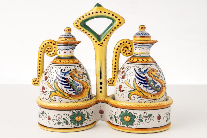 deruta manufactory ceramic oil and vinegar set with renaissance style decoration