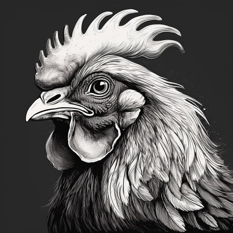 Photorealistic Black And White Rooster Head Drawing. a black and white drawing of a rooster, showcasing a hyperrealistic style of animal portraits. the artwork features a combination of dark white and dark gray tones, resembling realistic watercolor paintings. with a touch of humor and irony, this gritty and photographically detailed portrait captures the essence of the rooster in a unique and captivating manner. ai generated