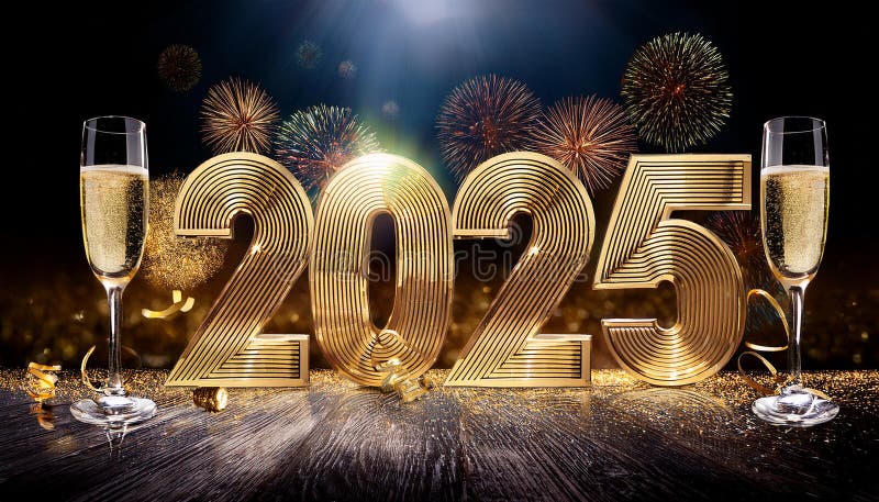 2025 - New Year Celebration - Golden Numbers With Champagne vector illustration