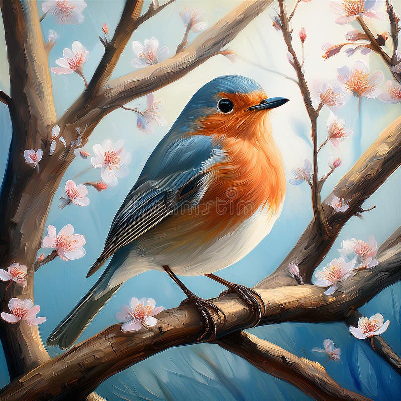 A small bird perched on a branch amidst tree branches, depicted in a hyper-realistic style reminiscent of rubens animal illustrations. this uhd image showcases a referential painting featuring character caricatures, with a color palette dominated by light blue and red. the sheer beauty of this artwork is truly mesmerizing. Realistic robin painting illustrations