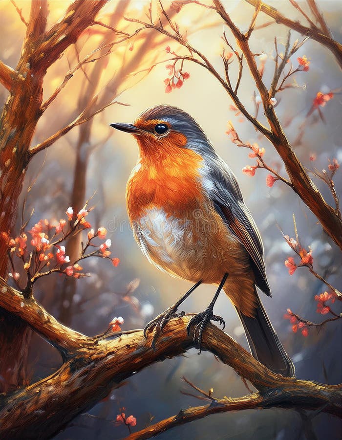 A small bird perched on a branch amidst tree branches, depicted in a hyper-realistic style reminiscent of rubens animal illustrations. this uhd image showcases a referential painting featuring character caricatures, with a color palette dominated by light blue and red. the sheer beauty of this artwork is truly mesmerizing. Realistic robin painting illustrations