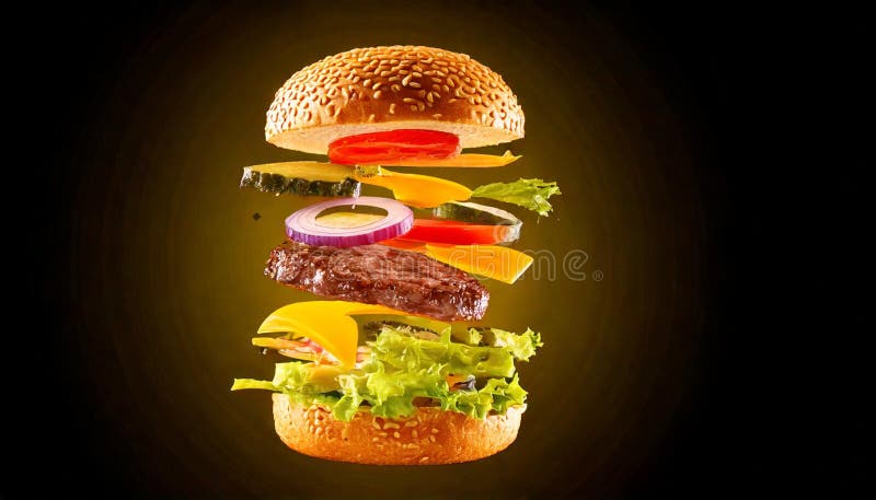 Generated image Floating Deconstructed Burger with Fresh Ingredients stock photo