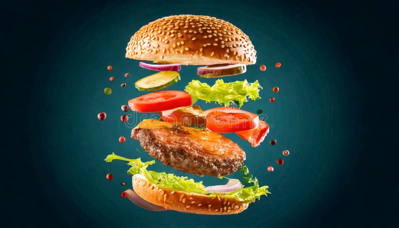 Generated image Floating Deconstructed Burger with Fresh Ingredients stock image