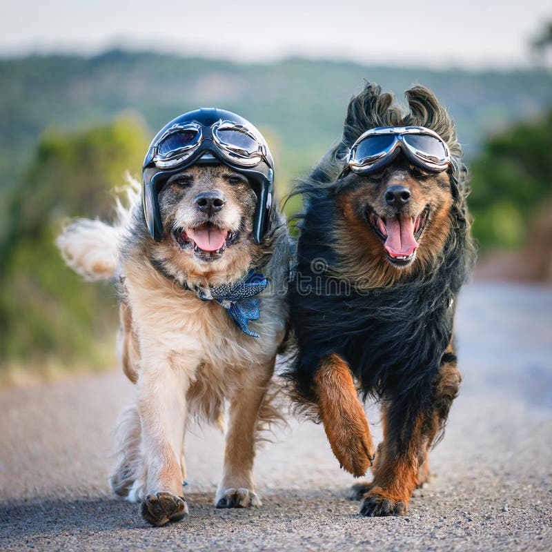 Motorbike couple of dogs. Motorbike couple at speed with helmet and crazy glasses. Ai Generated image