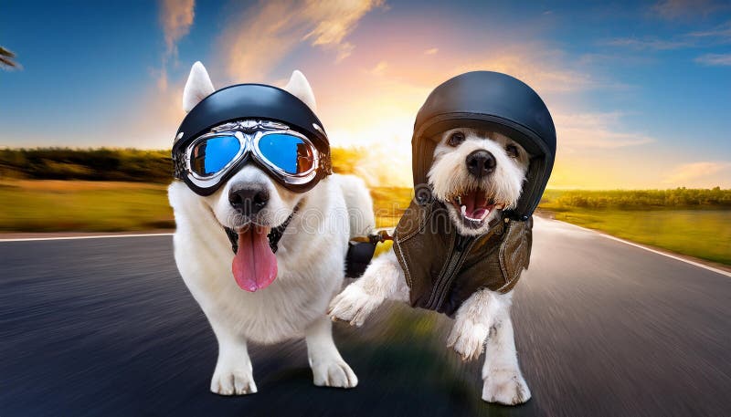 Motorbike couple of dogs. Motorbike couple at speed with helmet and crazy glasses stock illustration