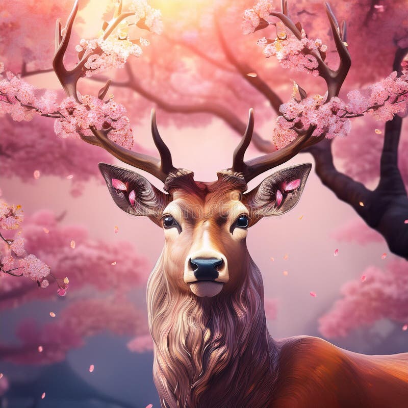 In an enchanting fusion of nature and art, a majestic deer stands gracefully with antlers transformed into cascades of blooming cherry blossoms. This surreal image evokes the ephemeral beauty of spring and the regal essence of the forest, making it perfect for high-end art projects, seasonal promotions, and nature-inspired designs. Enchanting surreal deer illustrations