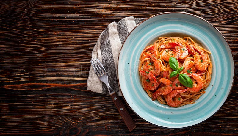 Shrimp linguine Puttanesca pasta with shrimps in spicy tomato basil sauce, on a white plate, top view, square format royalty free illustration