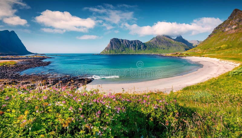 Calm spring view of Haukland Beach, Vastvagoy. Amazing morning scene of Lofoten Island, Norway, Europe. Picturesque seascape of Norwegian sea. Beauty of nature concept background. Al Generated