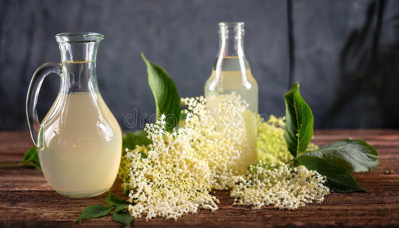 Elderflowers in glass jar on kitchen table with lemon and sugar. royalty free illustration