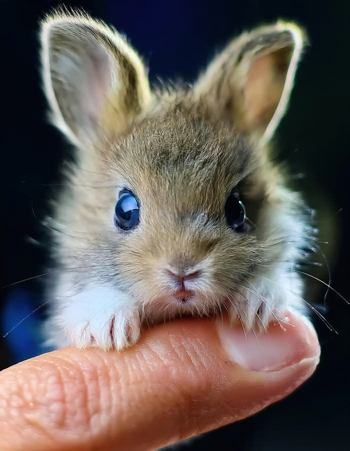 Microscopic Fluffy White Bunny Resting on a Finger stock illustration