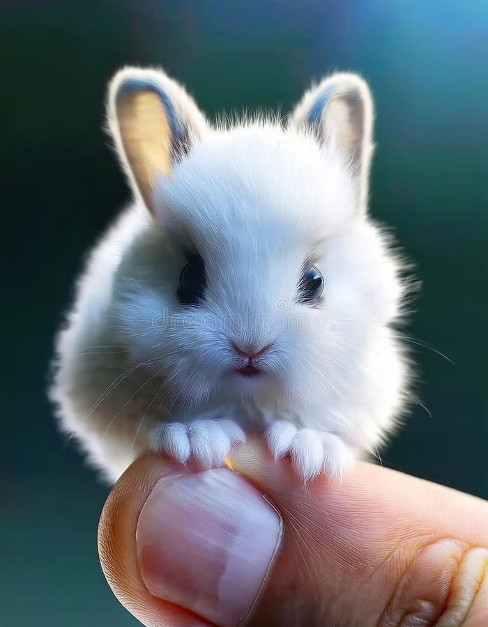 Microscopic Fluffy White Bunny Resting on a Finger stock illustration