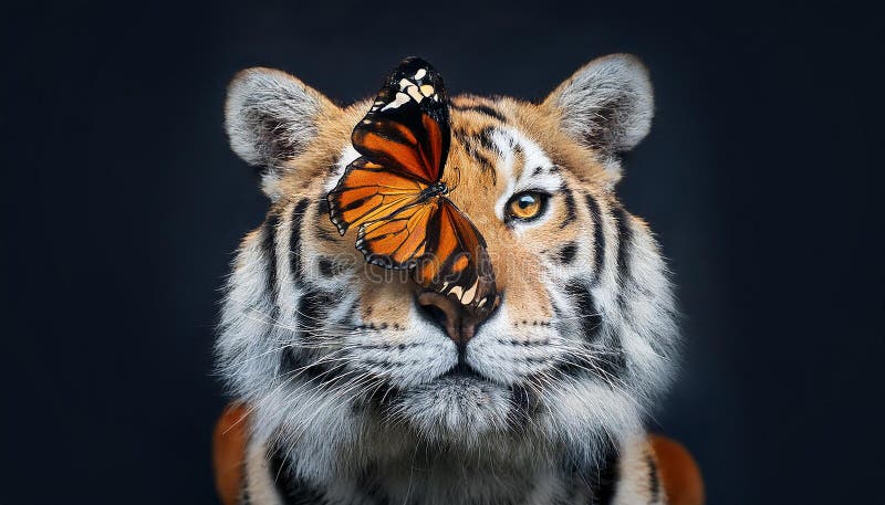 Tiger and butterfly. bright tender butterfly apollo on the nose of the tiger. yin and yang, masculine and feminine. Al Generated