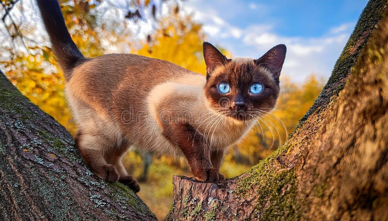 A beautiful tabby Thai cat with blue eyes stands on a thick tree trunk on a warm autumn day stock illustration