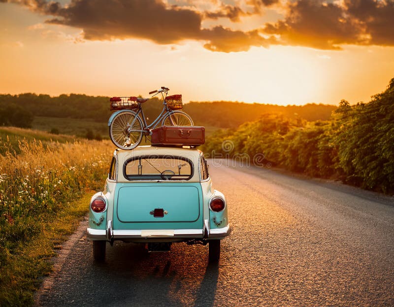Cute little retro car goes by wonderful countryside road at sunset. vector illustration