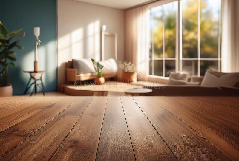 A modern living room features a wooden table in the foreground with a smooth, polished texture